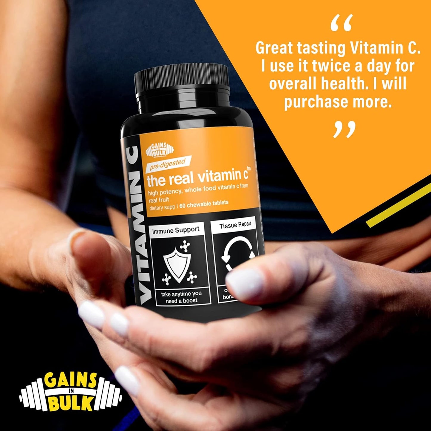 High Potency Whole Food Vitamin C Supplement by Gains in Bulk - 60 Vegan Chewables from Plant Sources