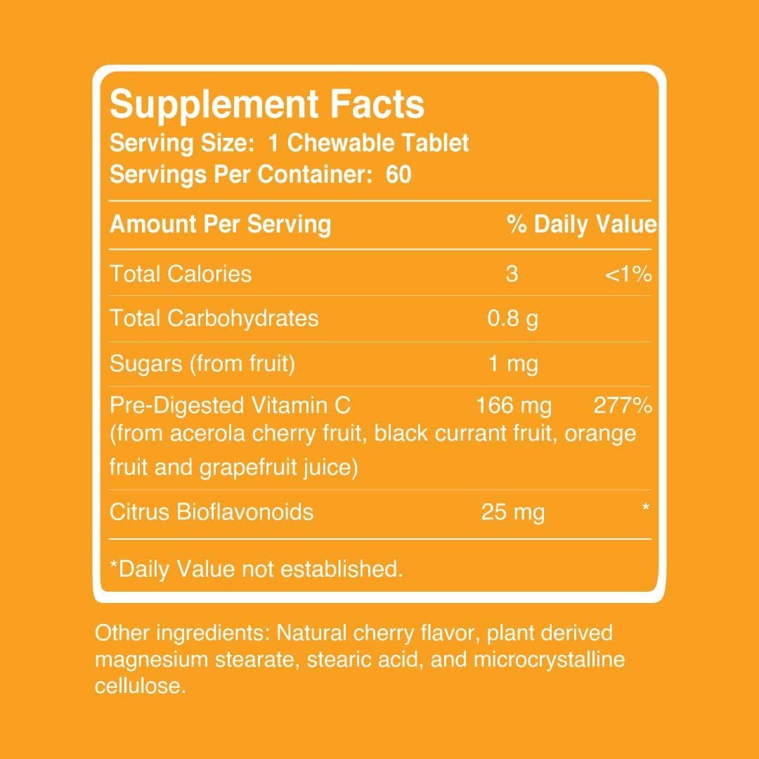 High Potency Whole Food Vitamin C Supplement by Gains in Bulk - 60 Vegan Chewables from Plant Sources