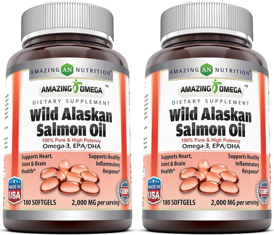 High Potency Wild Alaskan Salmon Oil Softgels - 2000mg (180 Count | 2 Pack) by Amazing Nutrition