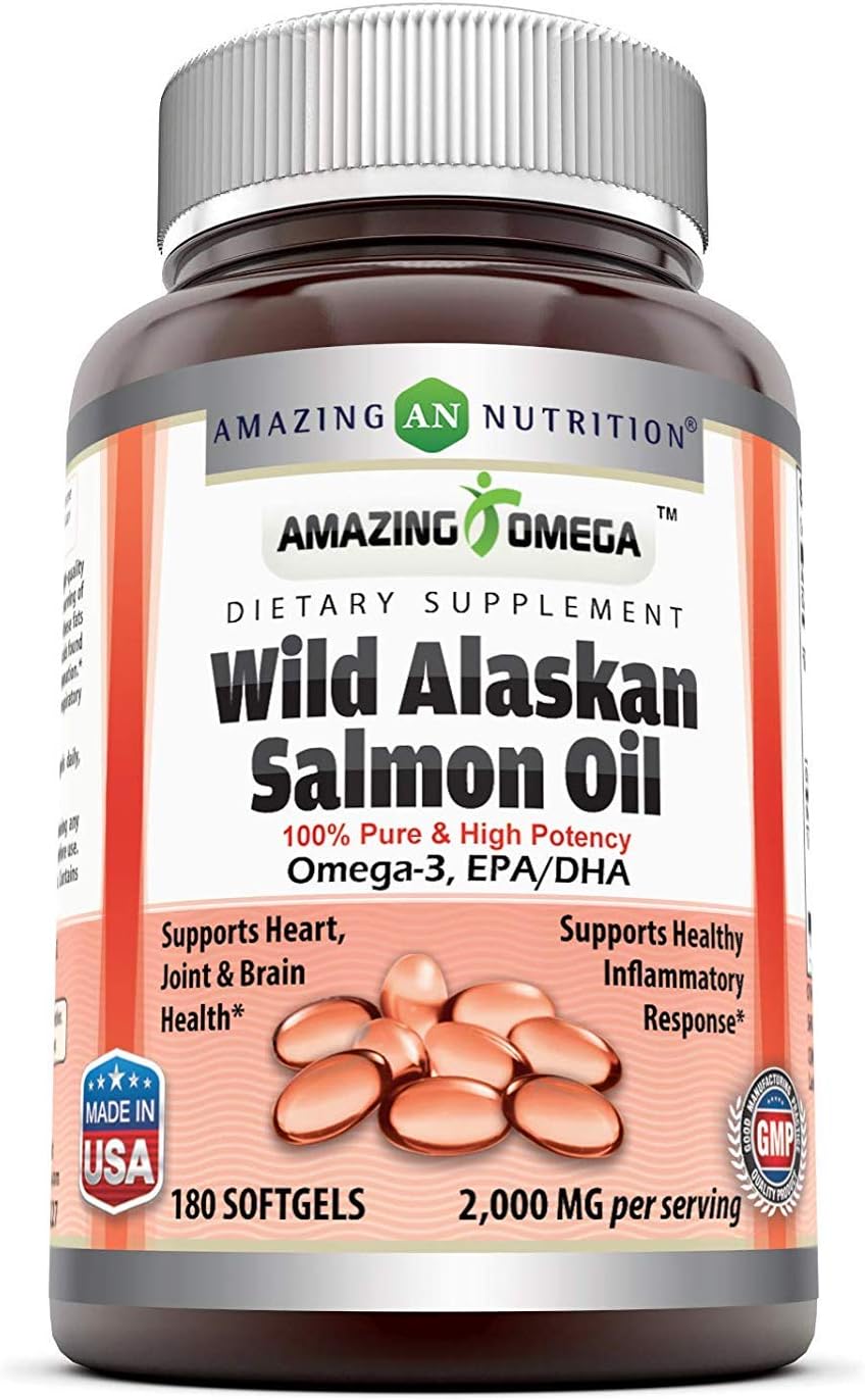 High Potency Wild Alaskan Salmon Oil Softgels - 2000mg (180 Count | 2 Pack) by Amazing Nutrition