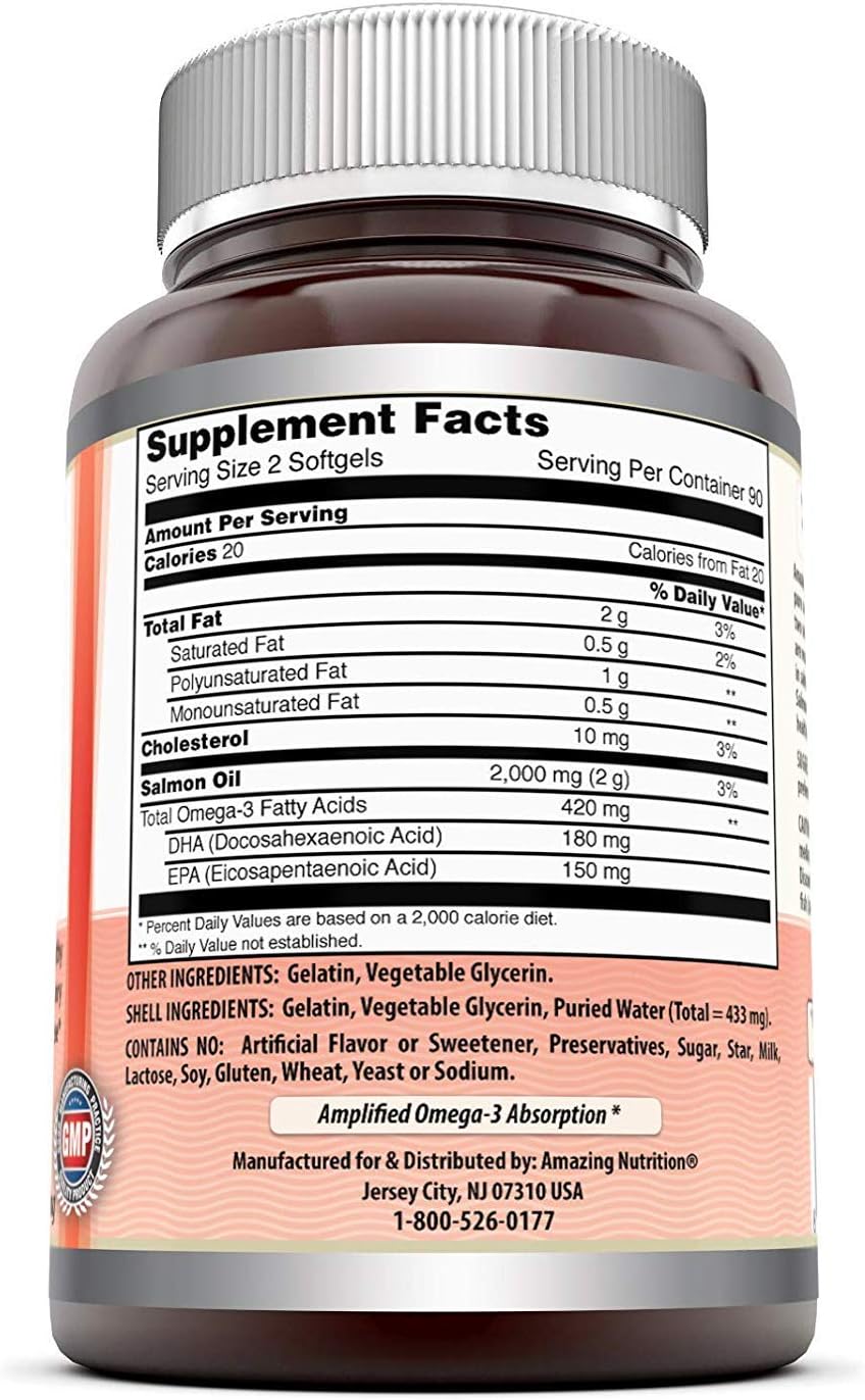 High Potency Wild Alaskan Salmon Oil Softgels - 2000mg (180 Count | 2 Pack) by Amazing Nutrition