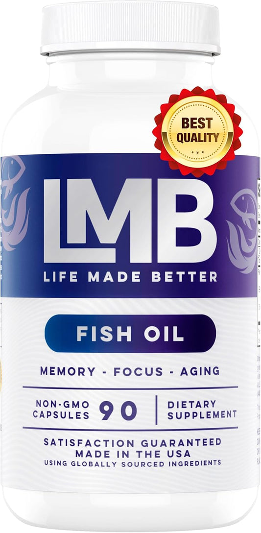 High Potency Wild Caught Omega 3 Fish Oil - Triple Strength DHA 900mg + EPA 1200mg - Non-GMO Enteric Coated Softgels - 90 Count