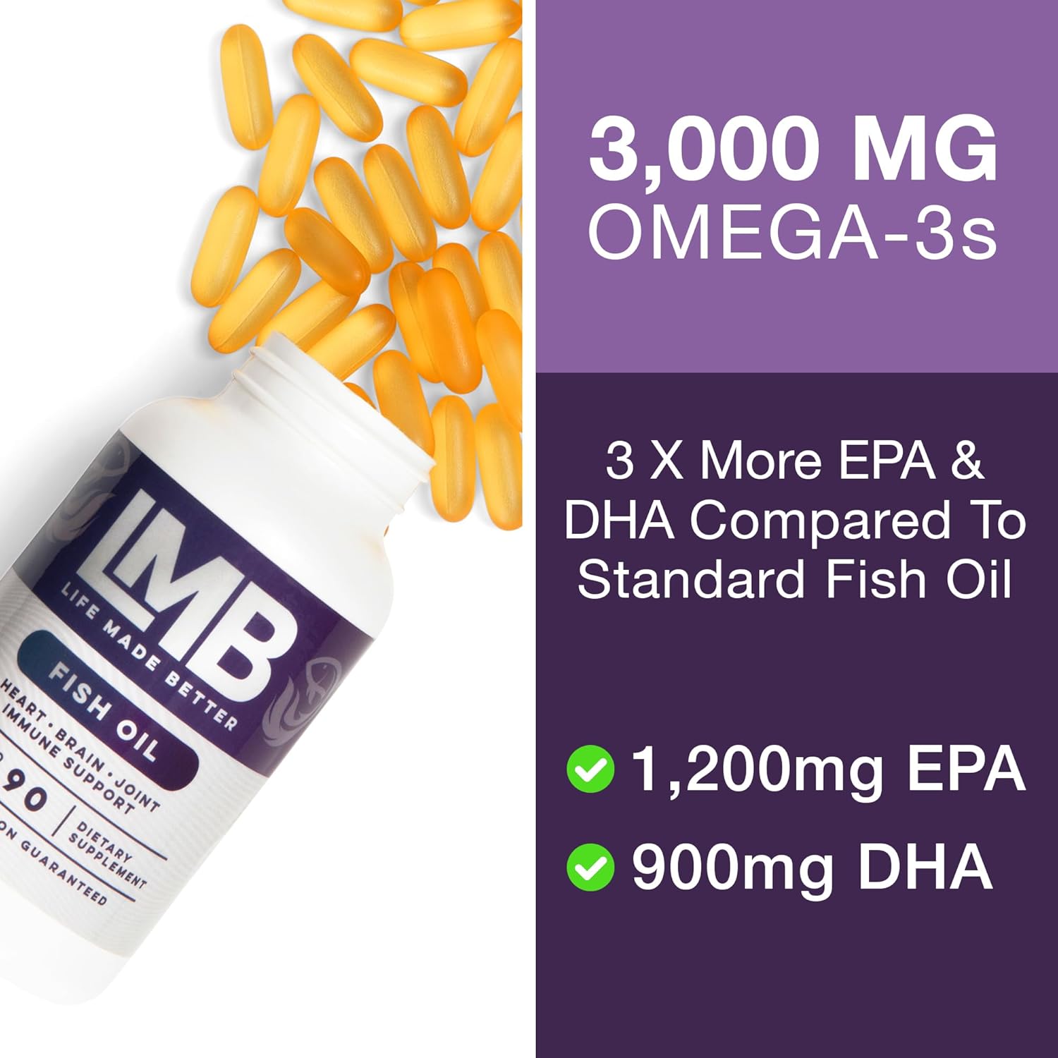 High Potency Wild Caught Omega 3 Fish Oil - Triple Strength DHA 900mg + EPA 1200mg - Non-GMO Enteric Coated Softgels - 90 Count
