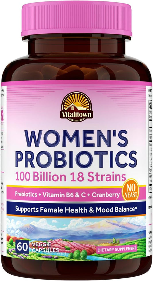 High Potency Women's Probiotic Supplement with Prebiotics, Cranberry, and Vitamins for Vaginal, Urinary, Digestive, and Mood Support - 60 Vegan Capsules