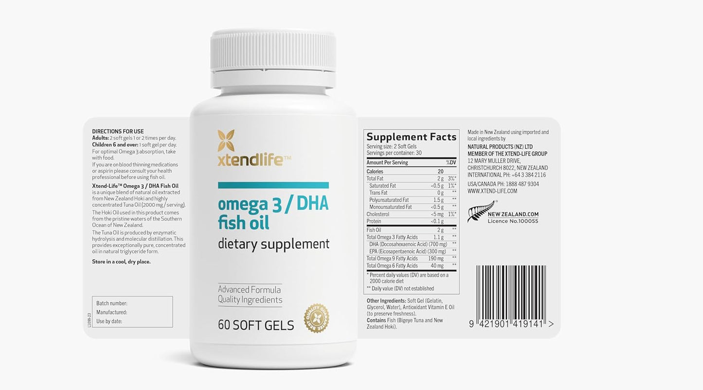 High Potency Xtendlife Omega 3 DHA Fish Oil - 1100mg with 700mg DHA and 300mg EPA - Heart and Brain Support - 60 Softgels