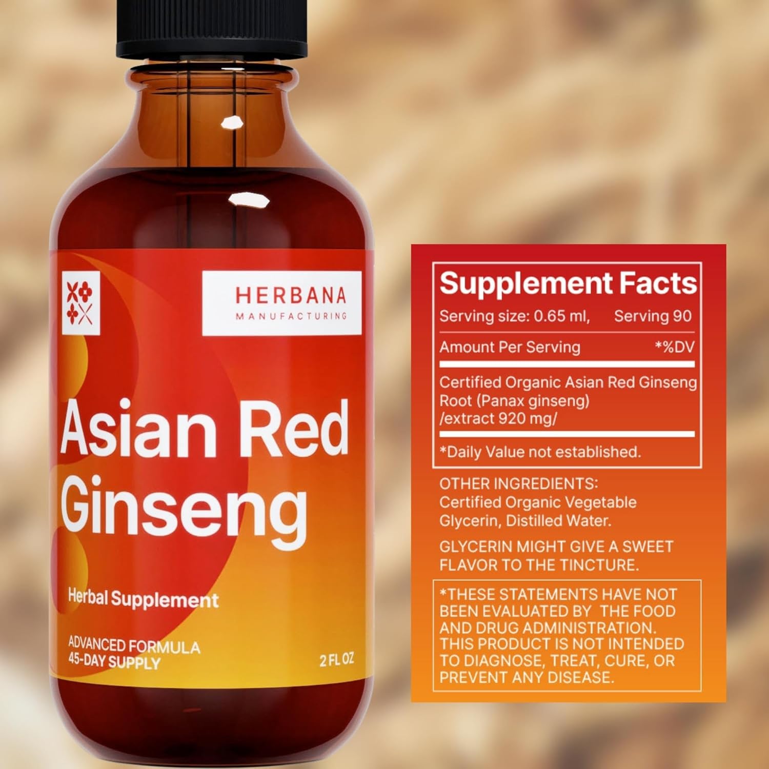 High Potency Yang Asian Red Ginseng Liquid Extract for Energy, Focus, and Immune Support - 2 oz Tincture - 45-Day Supply