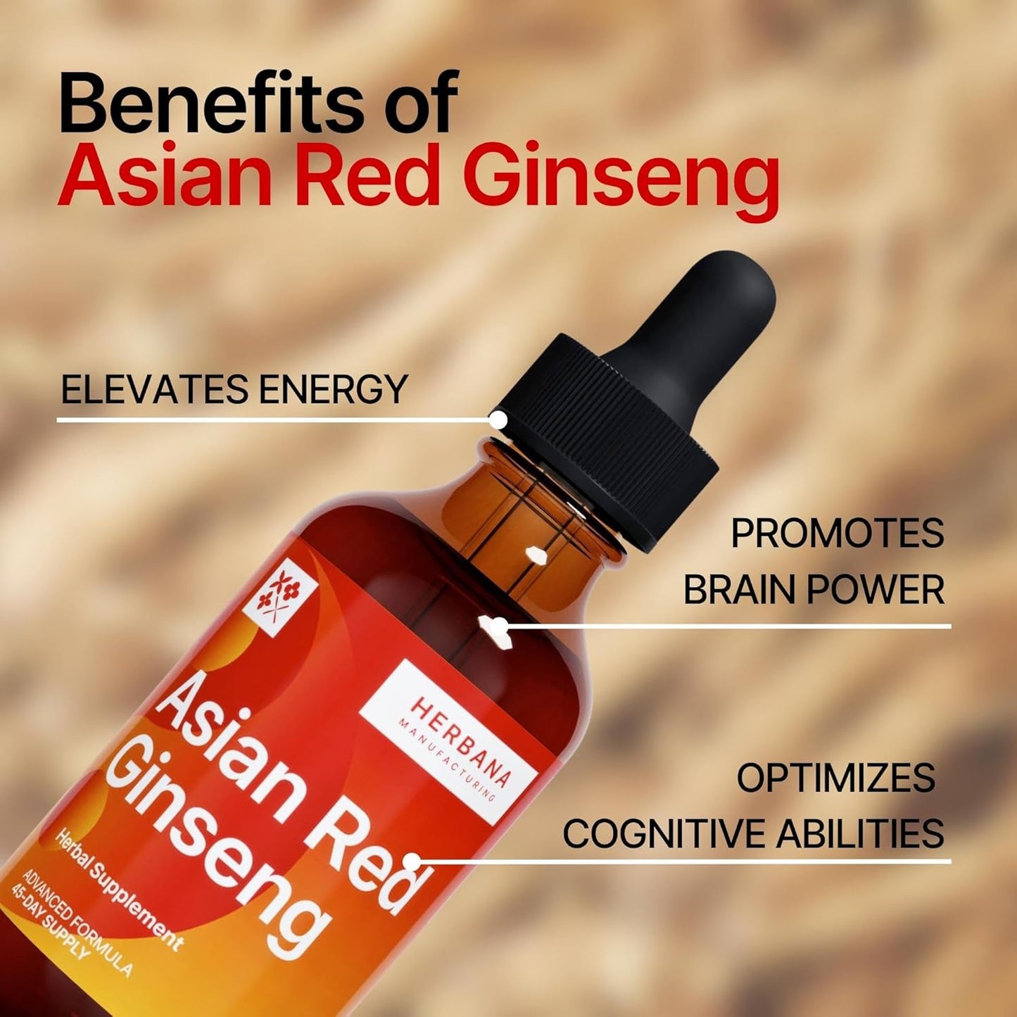 High Potency Yang Asian Red Ginseng Liquid Extract for Energy, Focus, and Immune Support - 2 oz Tincture - 45-Day Supply