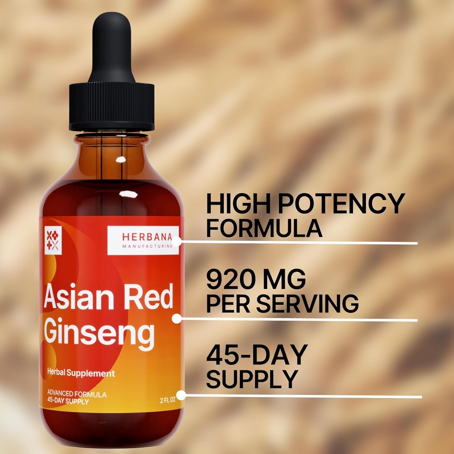High Potency Yang Asian Red Ginseng Liquid Extract for Energy, Focus, and Immune Support - 2 oz Tincture - 45-Day Supply