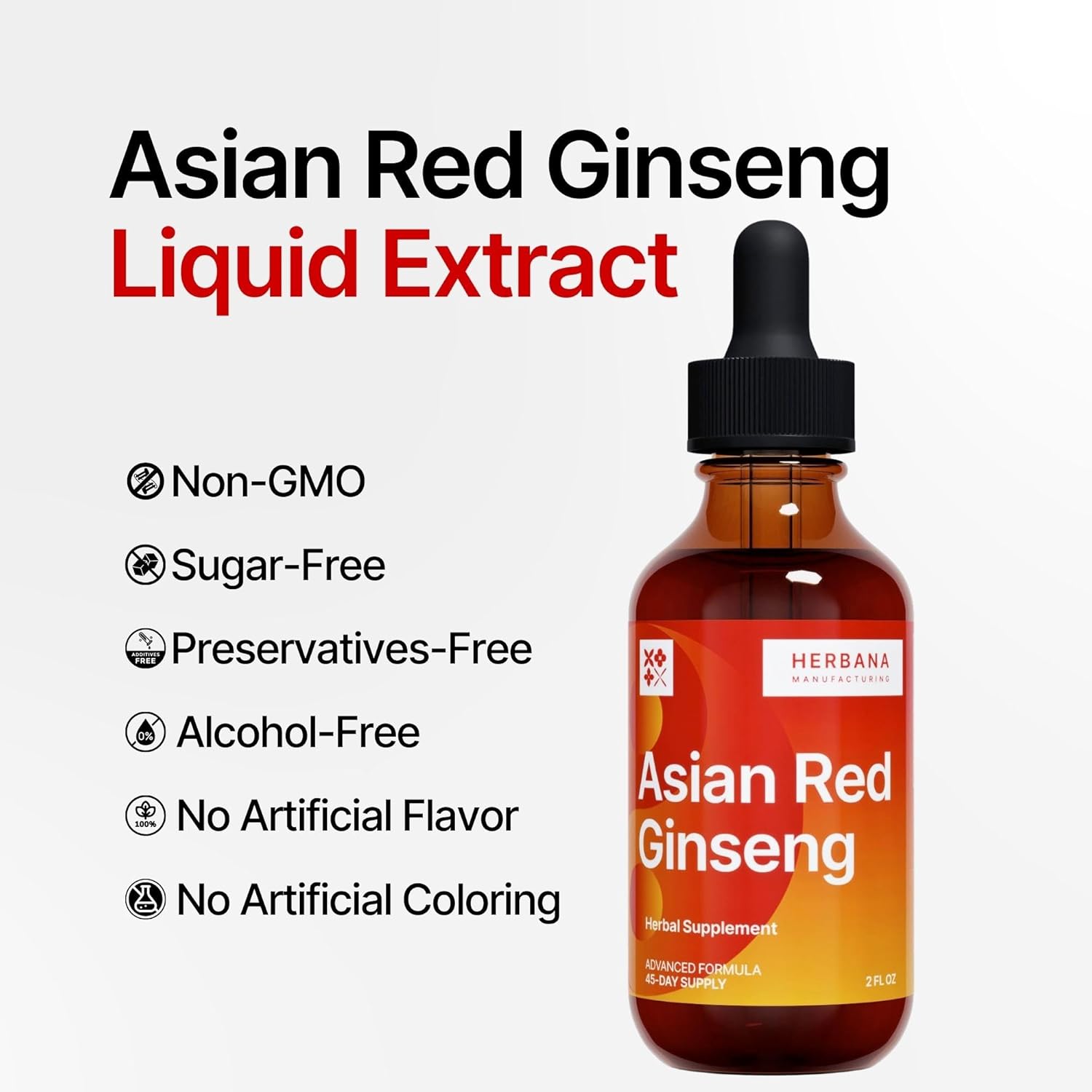 High Potency Yang Asian Red Ginseng Liquid Extract for Energy, Focus, and Immune Support - 2 oz Tincture - 45-Day Supply