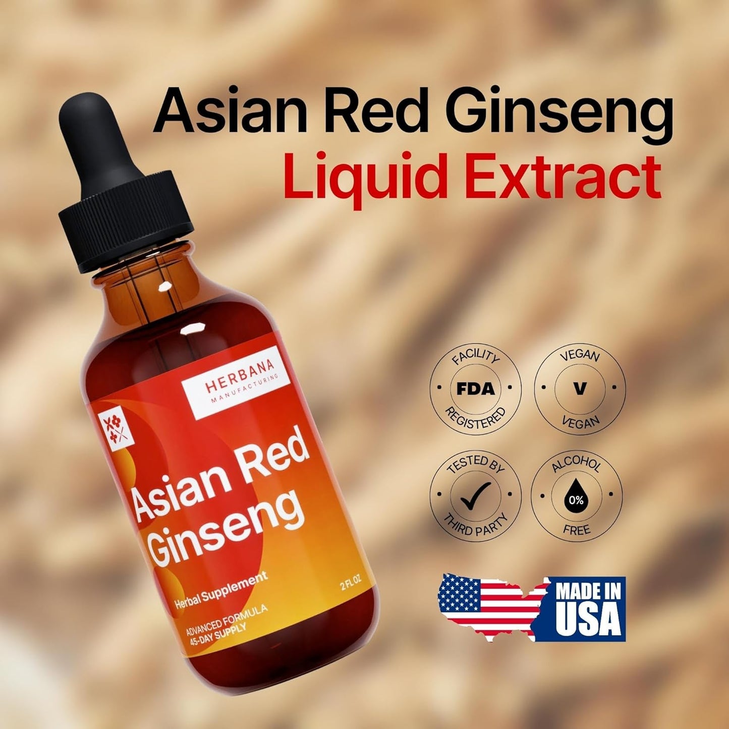 High Potency Yang Asian Red Ginseng Liquid Extract for Energy, Focus, and Immune Support - 2 oz Tincture - 45-Day Supply