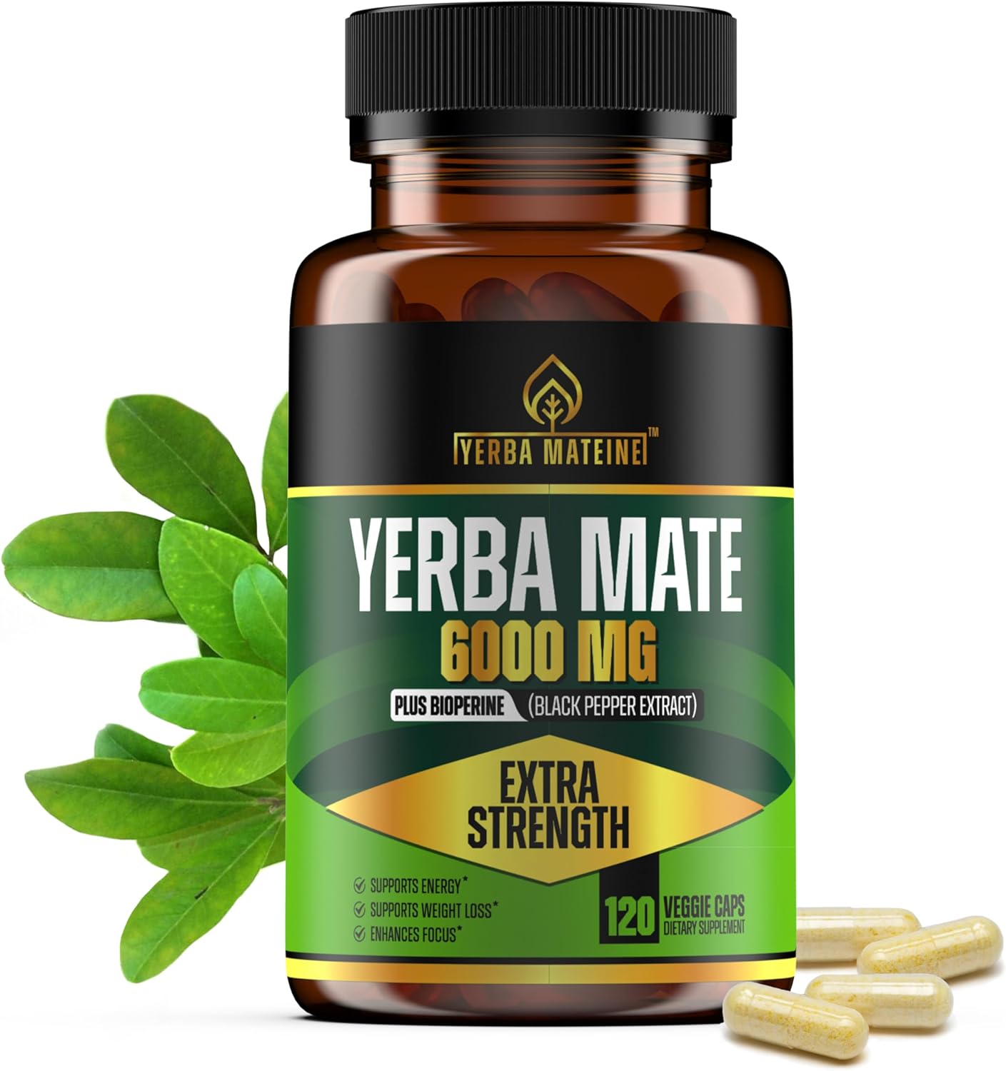 High Potency Yerba Mateine Extract Pills - 6000mg Strength, 60mg Caffeine, Made in USA - Boost Energy, Focus, Nootropics - 120 Capsules