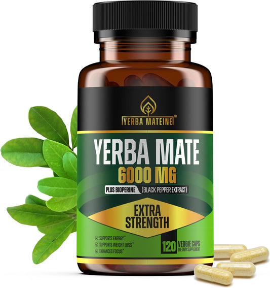 High Potency Yerba Mateine Extract Pills - 6000mg Strength, 60mg Caffeine, Made in USA - Boost Energy, Focus, Nootropics - 120 Capsules