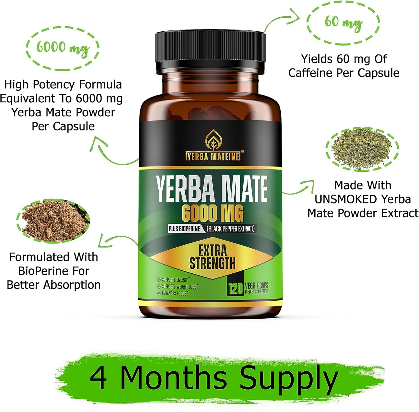 High Potency Yerba Mateine Extract Pills - 6000mg Strength, 60mg Caffeine, Made in USA - Boost Energy, Focus, Nootropics - 120 Capsules