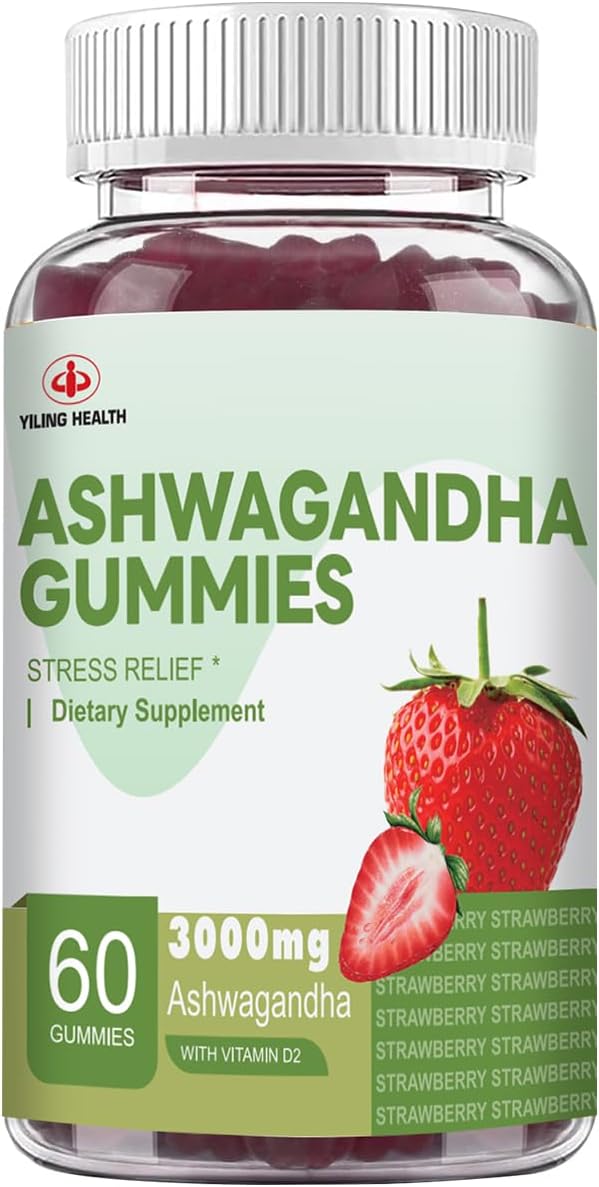 High-Potency YiLing Ashwagandha Gummies for Energy and Stress Relief - 3000 Mg Root Extract - 60 Count Strawberry Flavor - Women & Men