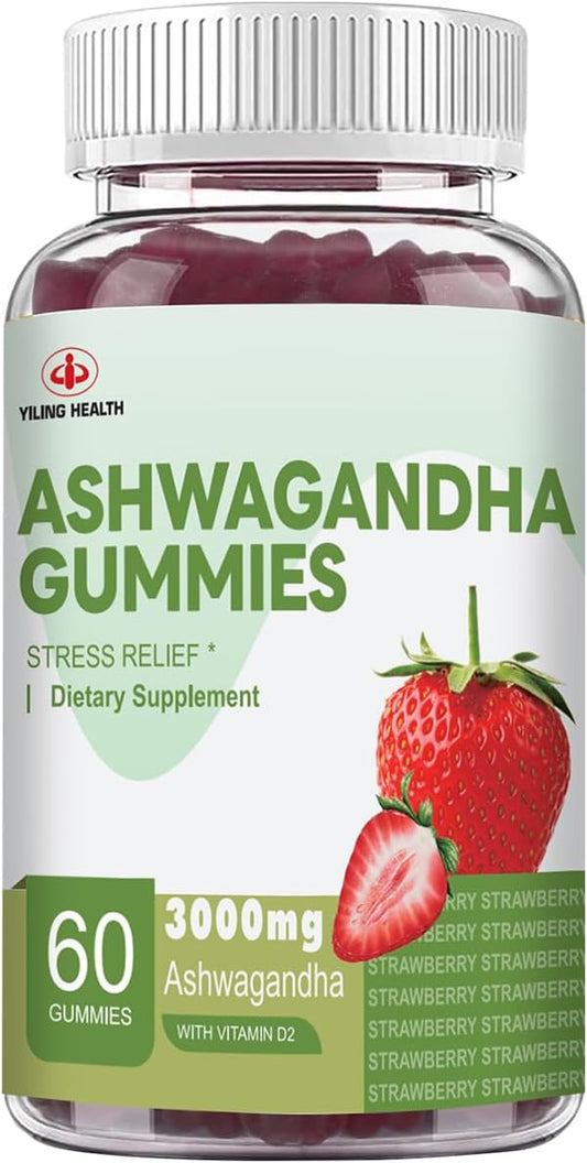 High-Potency YiLing Ashwagandha Gummies for Energy and Stress Relief - 3000 Mg Root Extract - 60 Count Strawberry Flavor - Women & Men