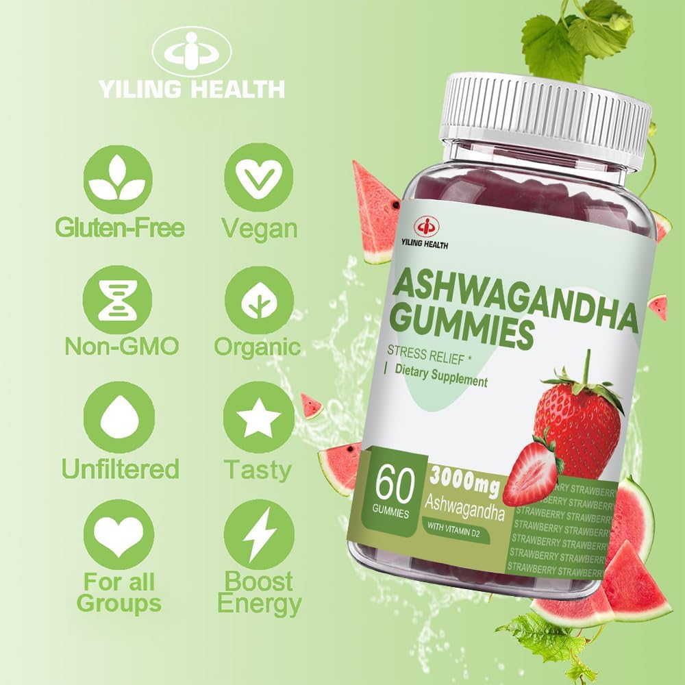 High-Potency YiLing Ashwagandha Gummies for Energy and Stress Relief - 3000 Mg Root Extract - 60 Count Strawberry Flavor - Women & Men