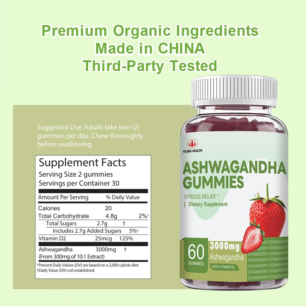 High-Potency YiLing Ashwagandha Gummies for Energy and Stress Relief - 3000 Mg Root Extract - 60 Count Strawberry Flavor - Women & Men