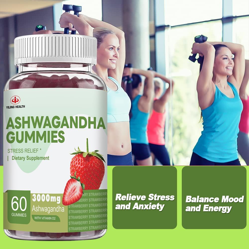 High-Potency YiLing Ashwagandha Gummies for Energy and Stress Relief - 3000 Mg Root Extract - 60 Count Strawberry Flavor - Women & Men