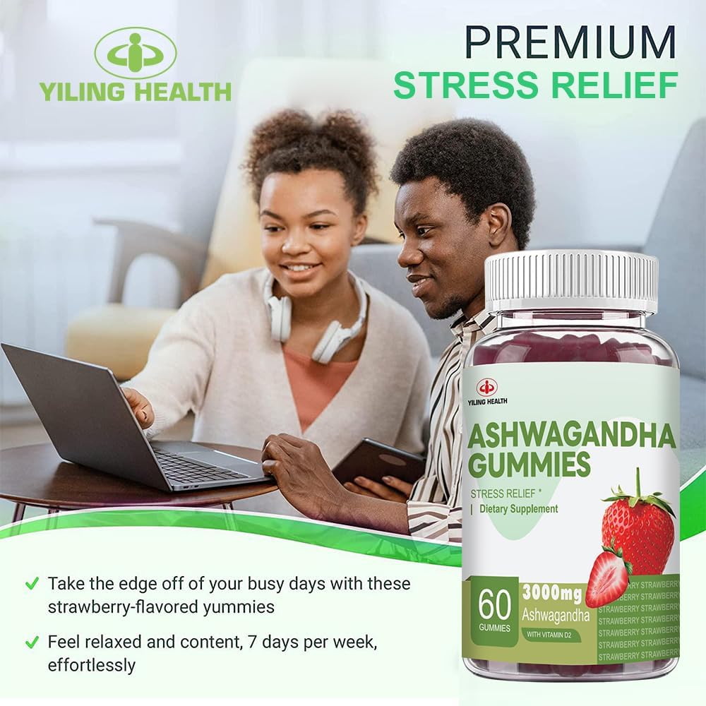 High-Potency YiLing Ashwagandha Gummies for Energy and Stress Relief - 3000 Mg Root Extract - 60 Count Strawberry Flavor - Women & Men