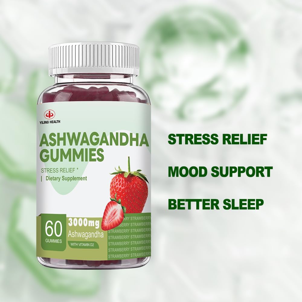 High-Potency YiLing Ashwagandha Gummies for Energy and Stress Relief - 3000 Mg Root Extract - 60 Count Strawberry Flavor - Women & Men