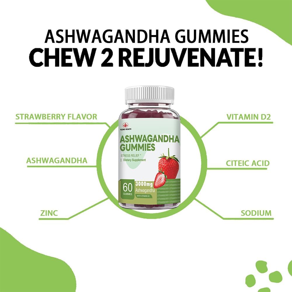 High-Potency YiLing Ashwagandha Gummies for Energy and Stress Relief - 3000 Mg Root Extract - 60 Count Strawberry Flavor - Women & Men