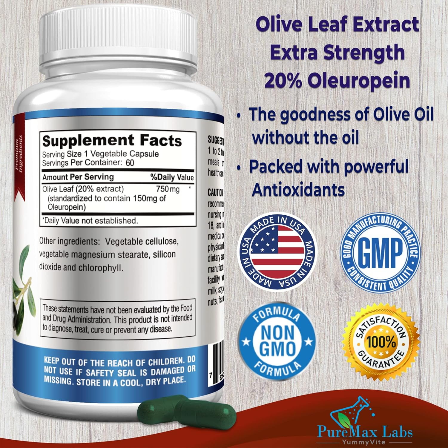 High-Potency YUMMYVITE Olive Leaf Extract Capsules - 20% Oleuropein - 750mg - Vegetarian - Immune Support & Antioxidant - 60 Count - BoostGo Australia