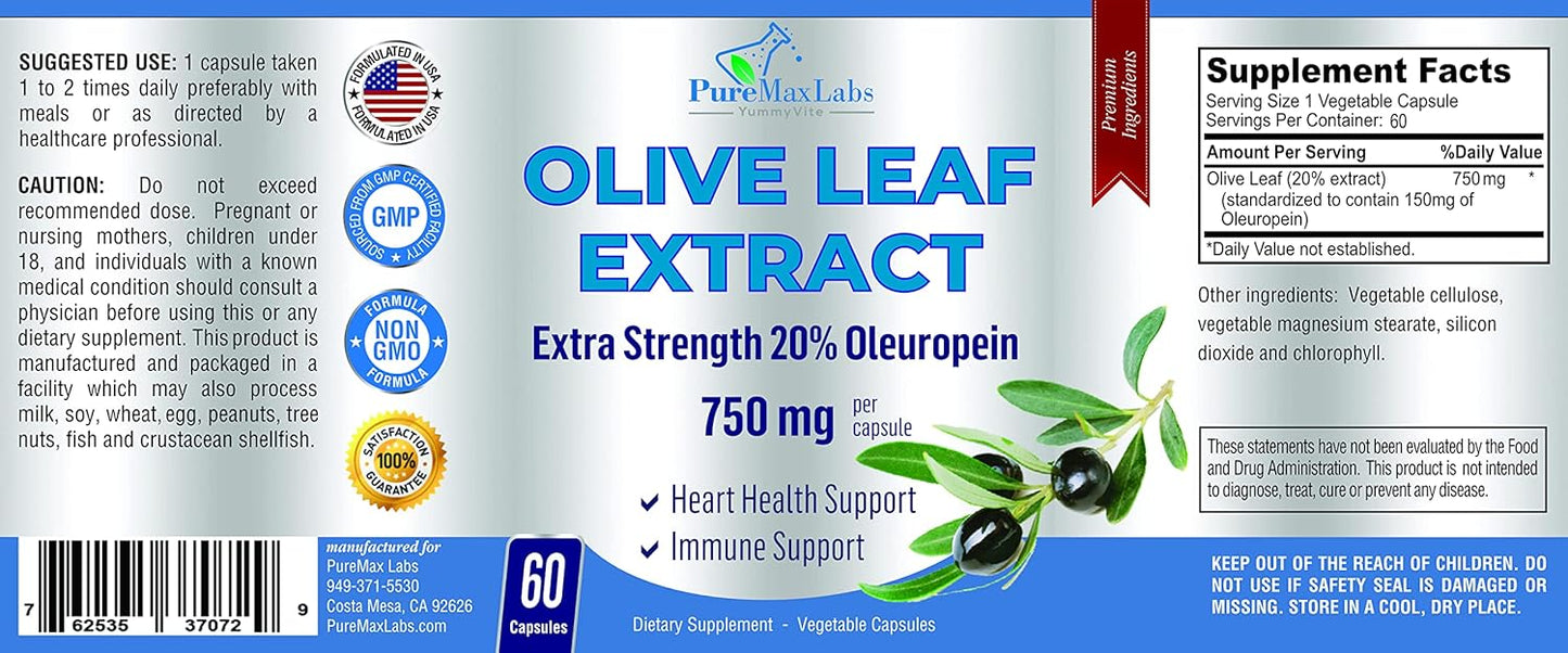 High-Potency YUMMYVITE Olive Leaf Extract Capsules - 20% Oleuropein - 750mg - Vegetarian - Immune Support & Antioxidant - 60 Count - BoostGo Australia