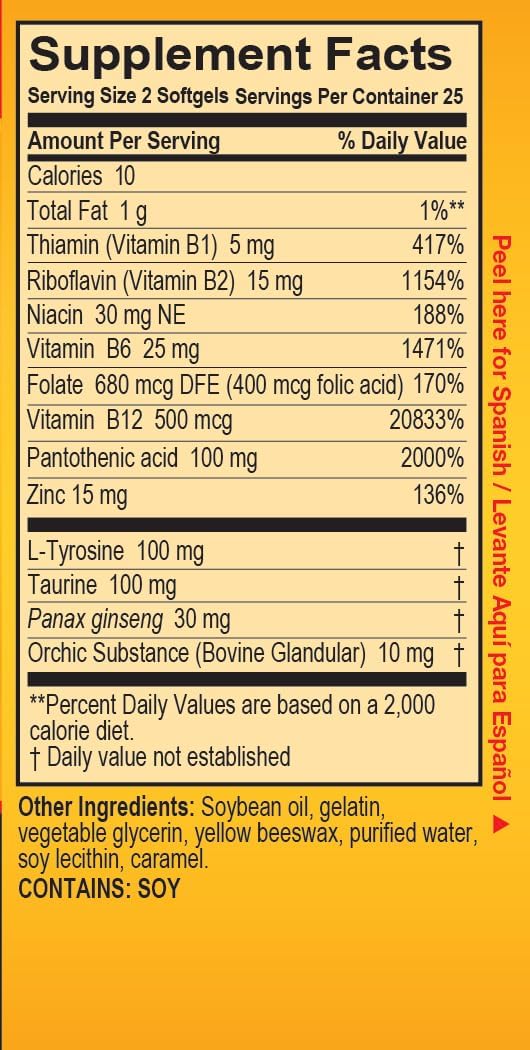 High Potency Zinc & 7 B Vitamins Super Macho Dietary Supplement, No Preservatives, Sugar, or Caffeine, Made in USA - 50 Softgels