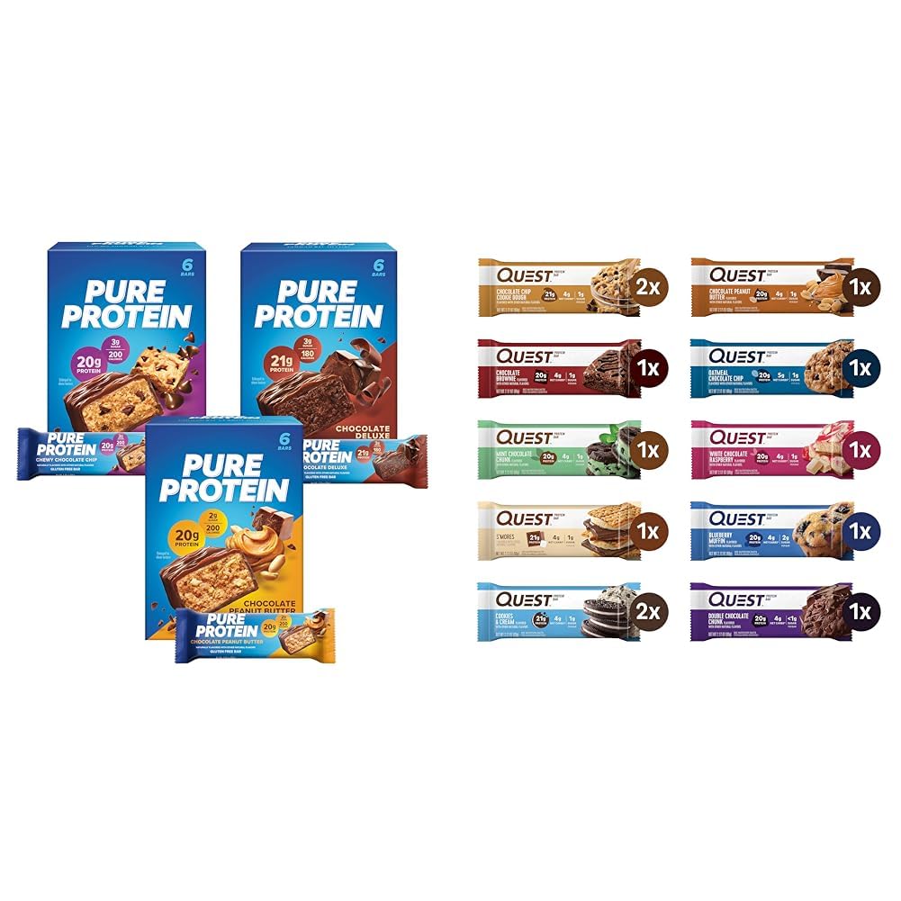 High Protein Bars Variety Pack with 30 Bars, Gluten-Free Options, Assorted Flavors - Quest Nutrition & Pure Protein Bars