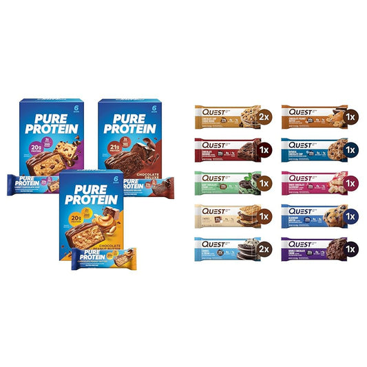 High Protein Bars Variety Pack with 30 Bars, Gluten-Free Options, Assorted Flavors - Quest Nutrition & Pure Protein Bars