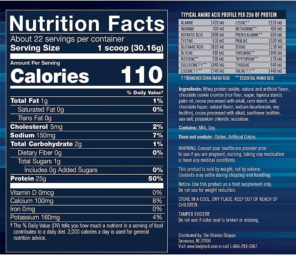 High Protein BodyTech Whey Isolate Powder - Cookies & Cream Flavor, 25g Protein & BCAA's for Muscle Growth, Post-Workout Recovery - 1.5lb