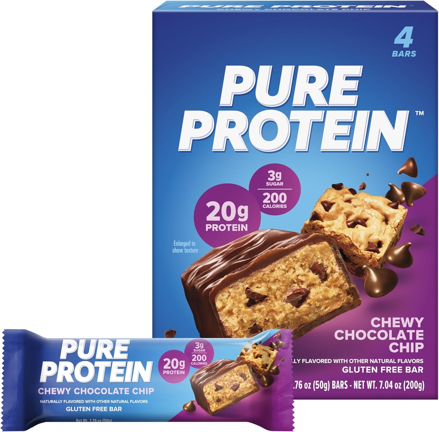 High Protein Chewy Chocolate Chip Pure Protein Bars - Gluten Free, Low Sugar Snacks for Energy Support, 1.76oz, Pack of 4