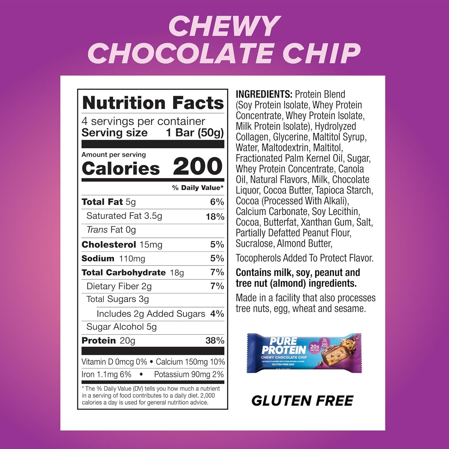 High Protein Chewy Chocolate Chip Pure Protein Bars - Gluten Free, Low Sugar Snacks for Energy Support, 1.76oz, Pack of 4