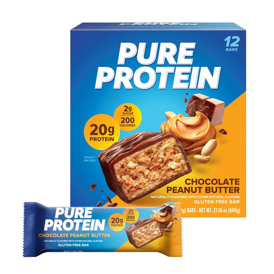 High Protein Chocolate Peanut Butter Pure Protein Bars, 1.76oz, 12 Count - Nutritious Snacks for Energy, Low Sugar, Gluten Free
