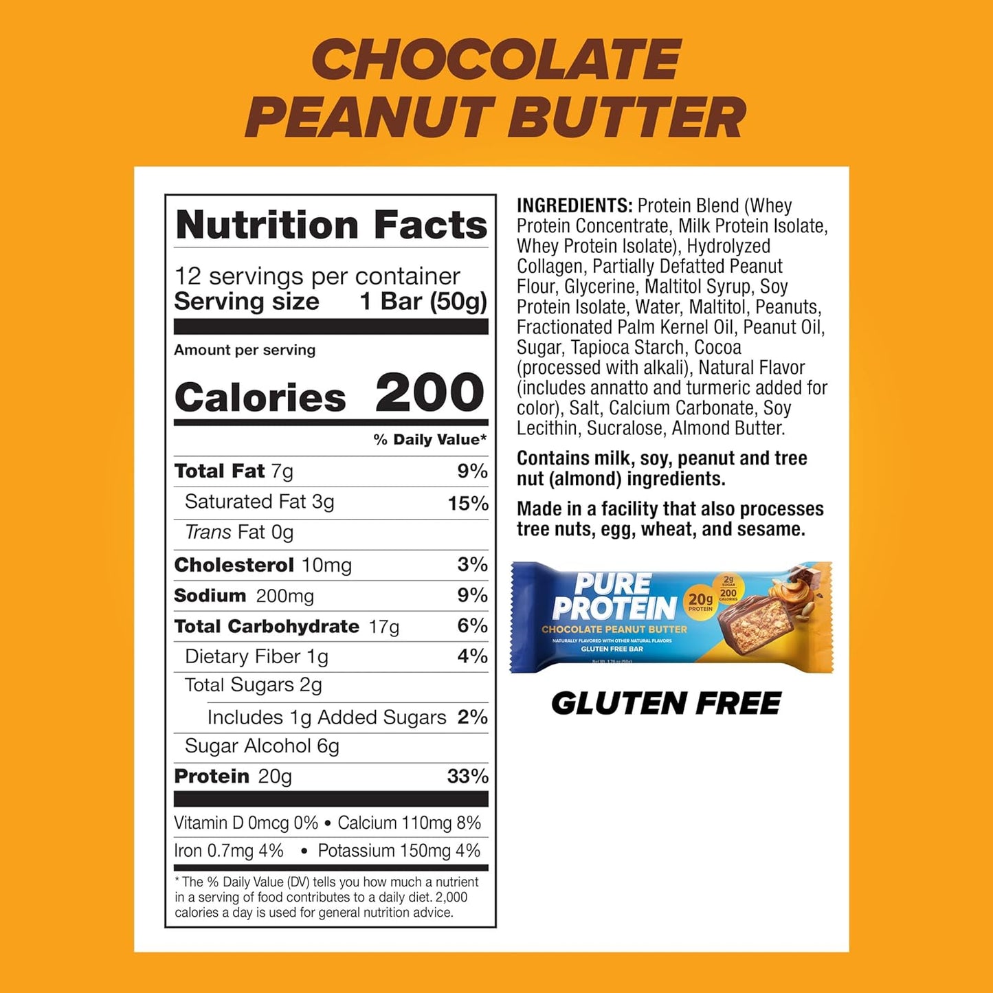 High Protein Chocolate Peanut Butter Pure Protein Bars, 1.76oz, 12 Count - Nutritious Snacks for Energy, Low Sugar, Gluten Free