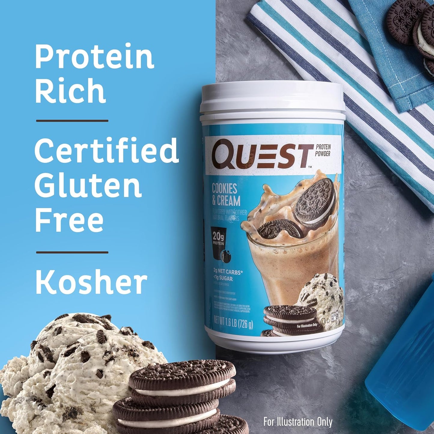 High-Protein Cookies & Cream Powder - 20g Protein, 1g Sugar, Low Carb, Gluten-Free - 1.6lb, 24 Servings