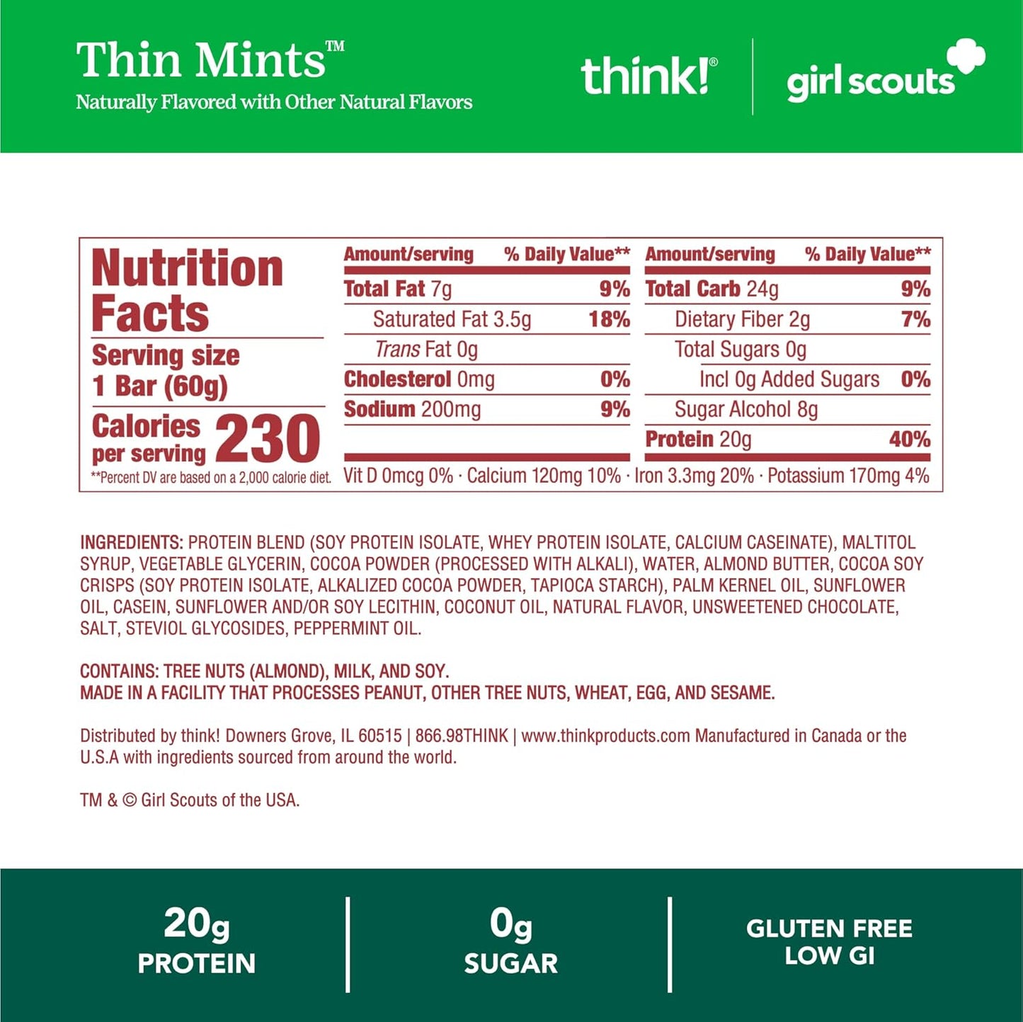 High Protein Gluten-Free Kosher Friendly Nutrition Bars - Girl Scouts Thin Mint Flavor - 2.1 Oz per Bar, 10 Count