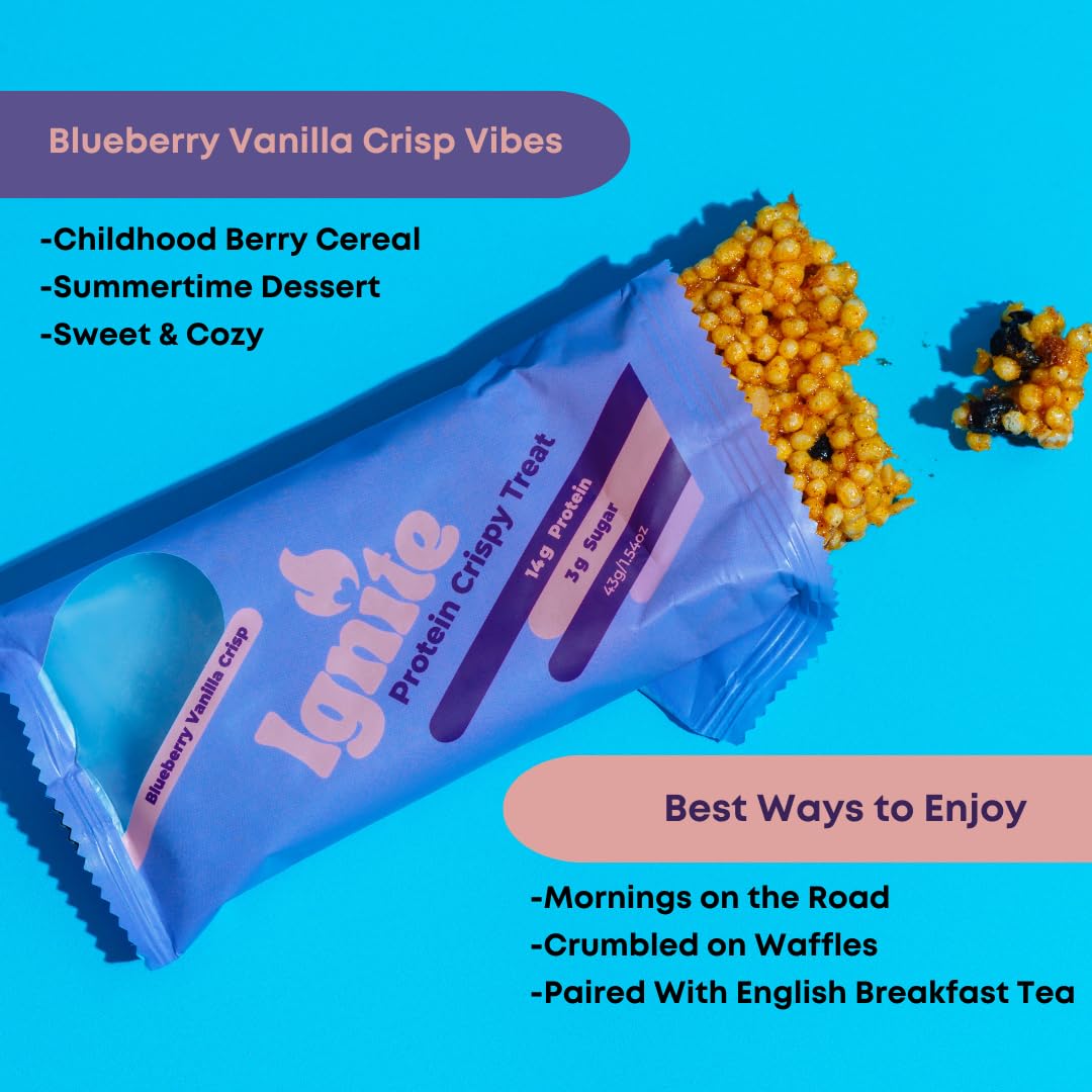 High Protein Low Carb Keto Rice Treat Snack - Ignite Bars Blueberry Vanilla Almond - Fiber Friendly Guilt-Free Healthy Adult Food