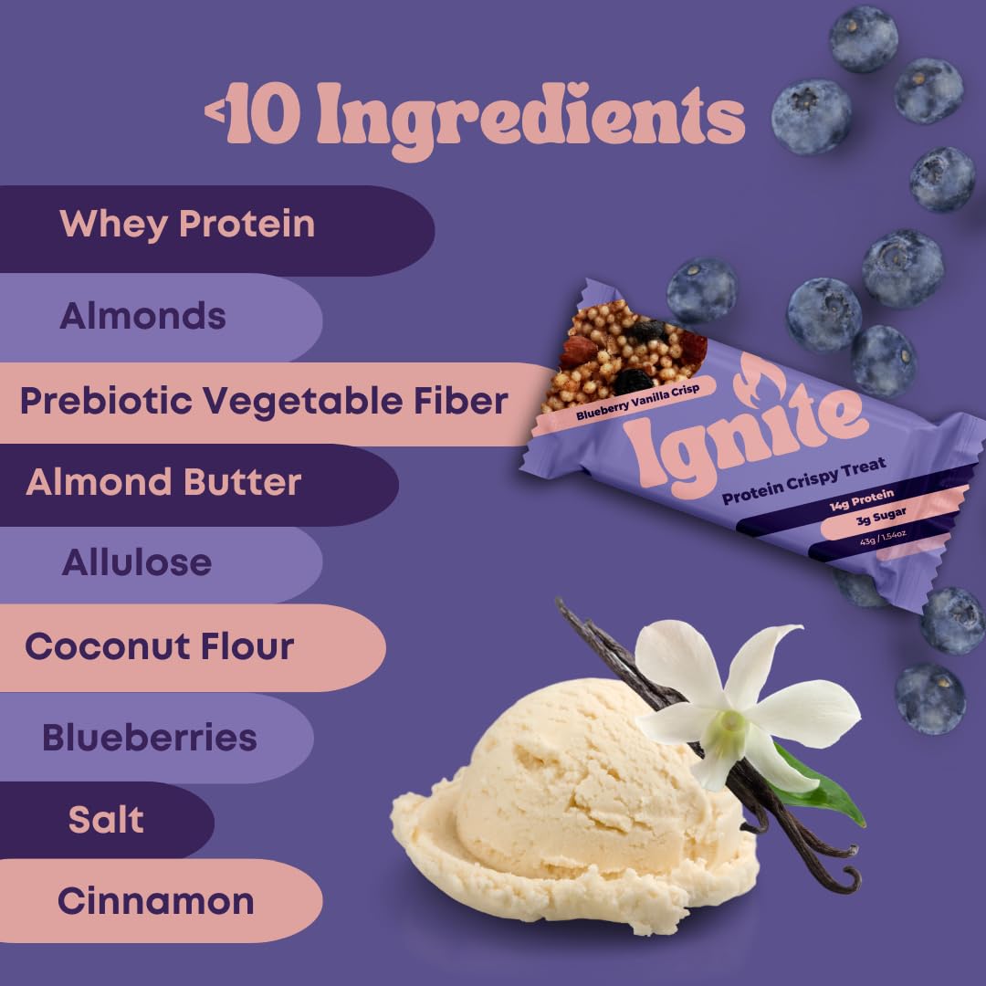High Protein Low Carb Keto Rice Treat Snack - Ignite Bars Blueberry Vanilla Almond - Fiber Friendly Guilt-Free Healthy Adult Food