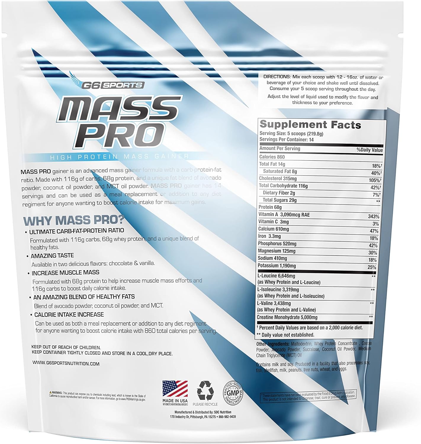High Protein Mass Gainer with Avocado & Coconut Oil Powder - Chocolate Flavor - 7lb Bag
