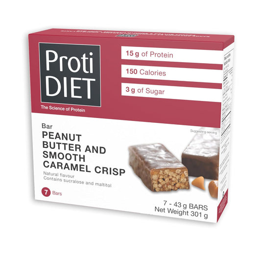 High Protein ProtiDIET Peanut Butter & Smooth Caramel Crisp Bars - Gluten-Free & GMO-Free Meal Replacement Snacks for Adults - 7 Bars