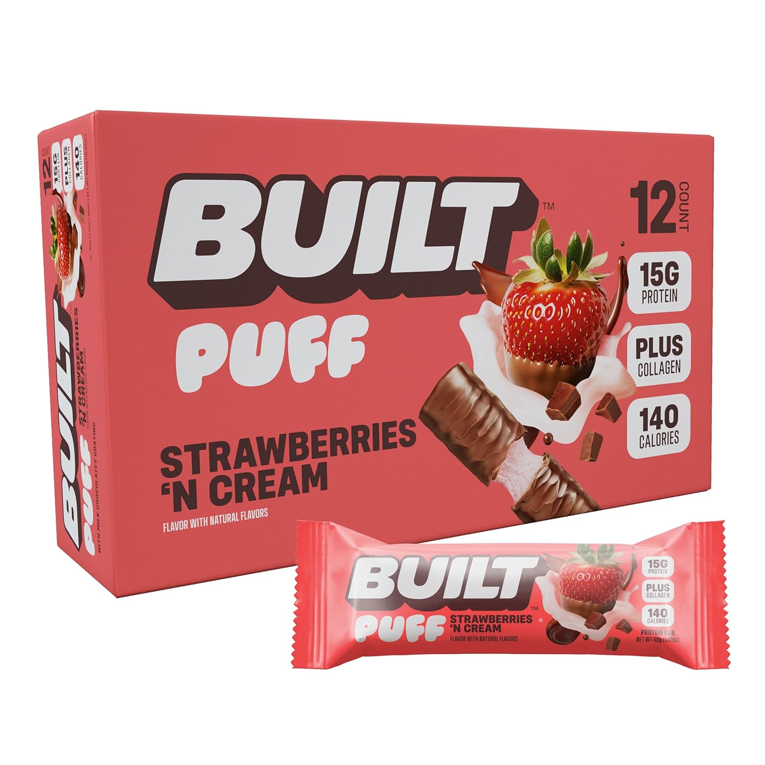 High Protein Strawberries 'N Cream Puffs Bars - 15g Protein Snacks with 140 Calories, Built Bar BUILT Puffs, On-The-Go, 8g Sugar, Collagen, Gluten Free - 12 Count