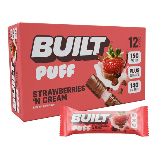 High Protein Strawberries 'N Cream Puffs Bars - 15g Protein Snacks with 140 Calories, Built Bar BUILT Puffs, On-The-Go, 8g Sugar, Collagen, Gluten Free - 12 Count