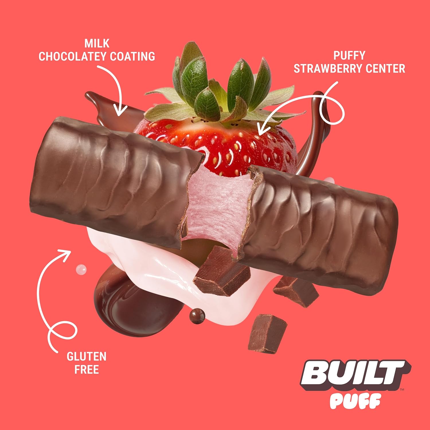 High Protein Strawberries 'N Cream Puffs Bars - 15g Protein Snacks with 140 Calories, Built Bar BUILT Puffs, On-The-Go, 8g Sugar, Collagen, Gluten Free - 12 Count