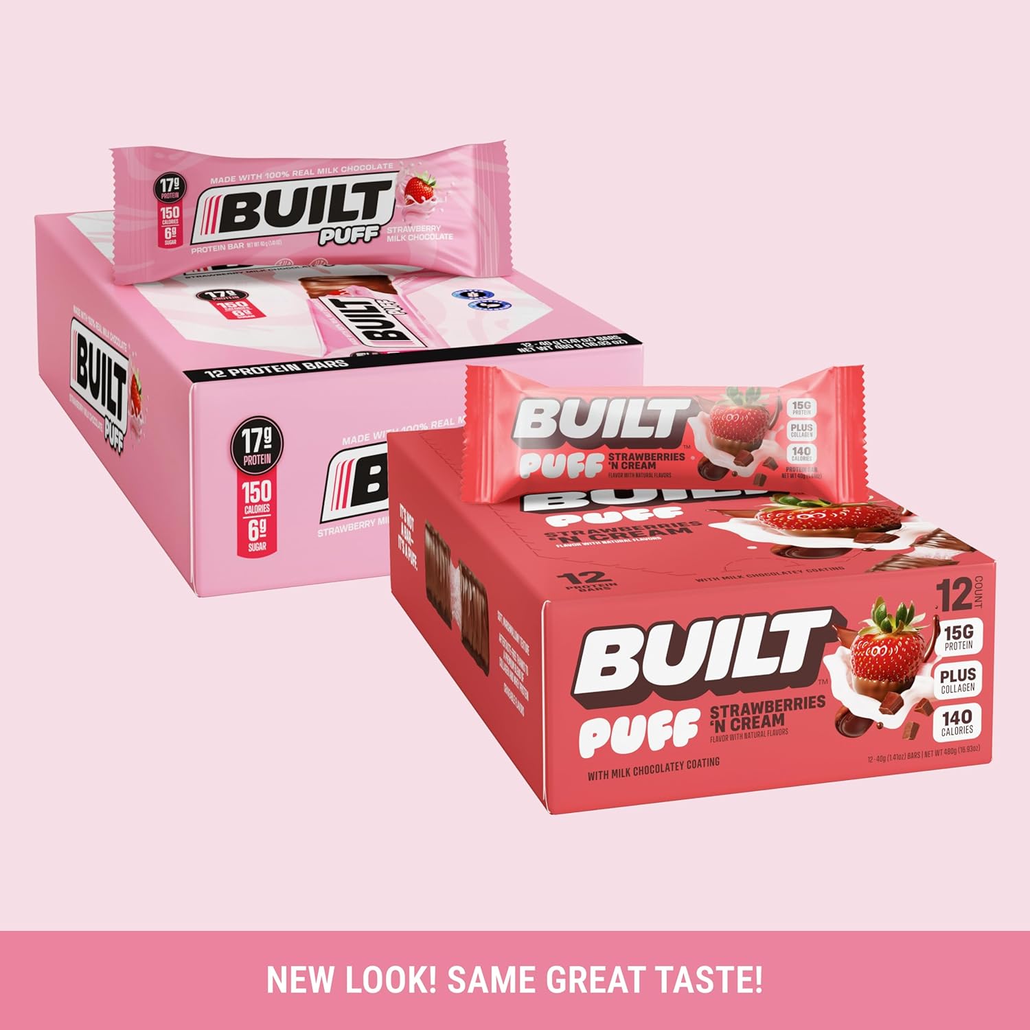 High Protein Strawberries 'N Cream Puffs Bars - 15g Protein Snacks with 140 Calories, Built Bar BUILT Puffs, On-The-Go, 8g Sugar, Collagen, Gluten Free - 12 Count