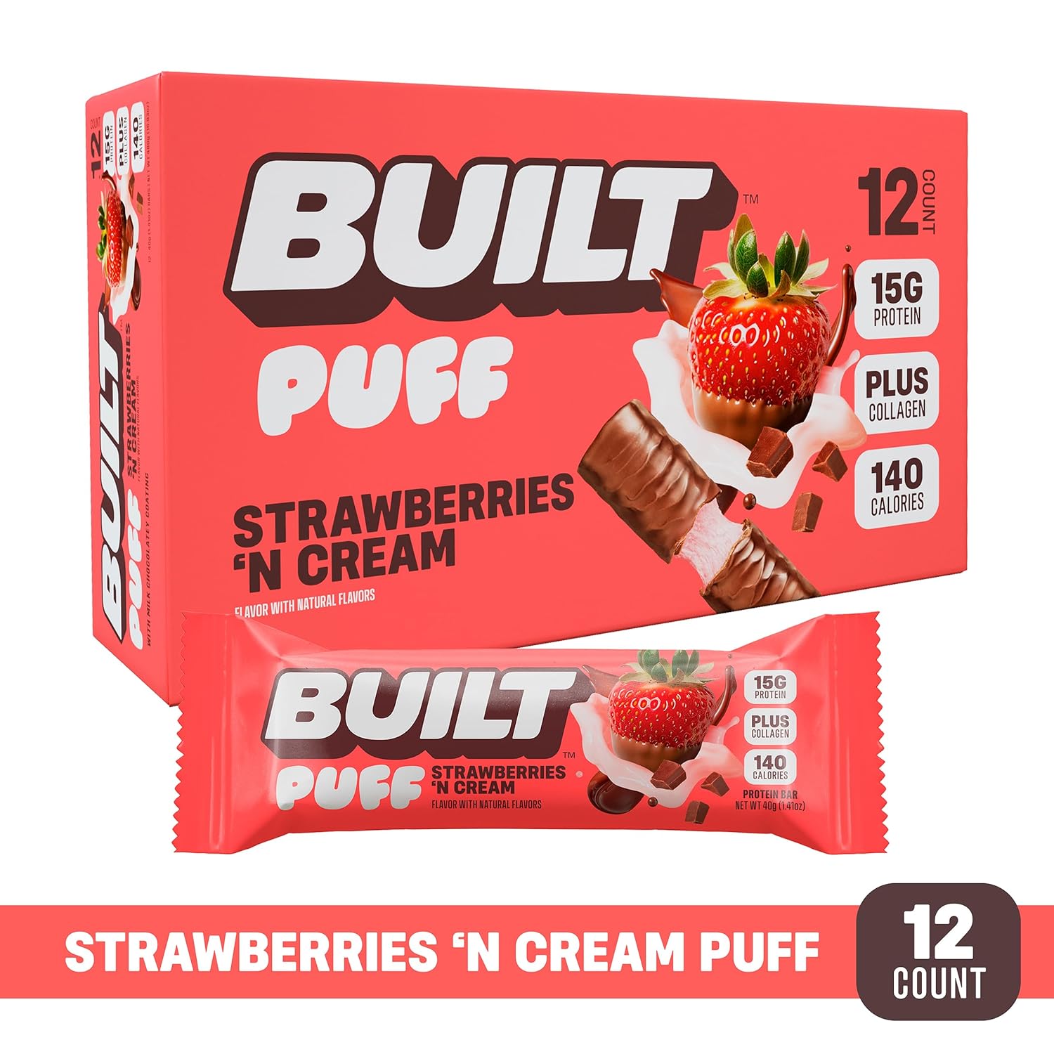 High Protein Strawberries 'N Cream Puffs Bars - 15g Protein Snacks with 140 Calories, Built Bar BUILT Puffs, On-The-Go, 8g Sugar, Collagen, Gluten Free - 12 Count