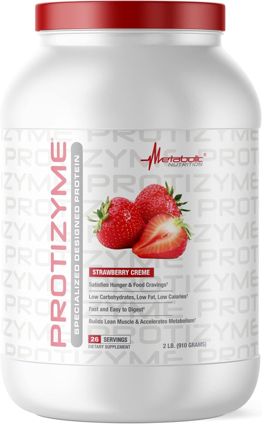High Protein Strawberry Creme Whey Protein Powder with Digestive Enzymes - Protizyme by Metabolic Nutrition - 2 Pound