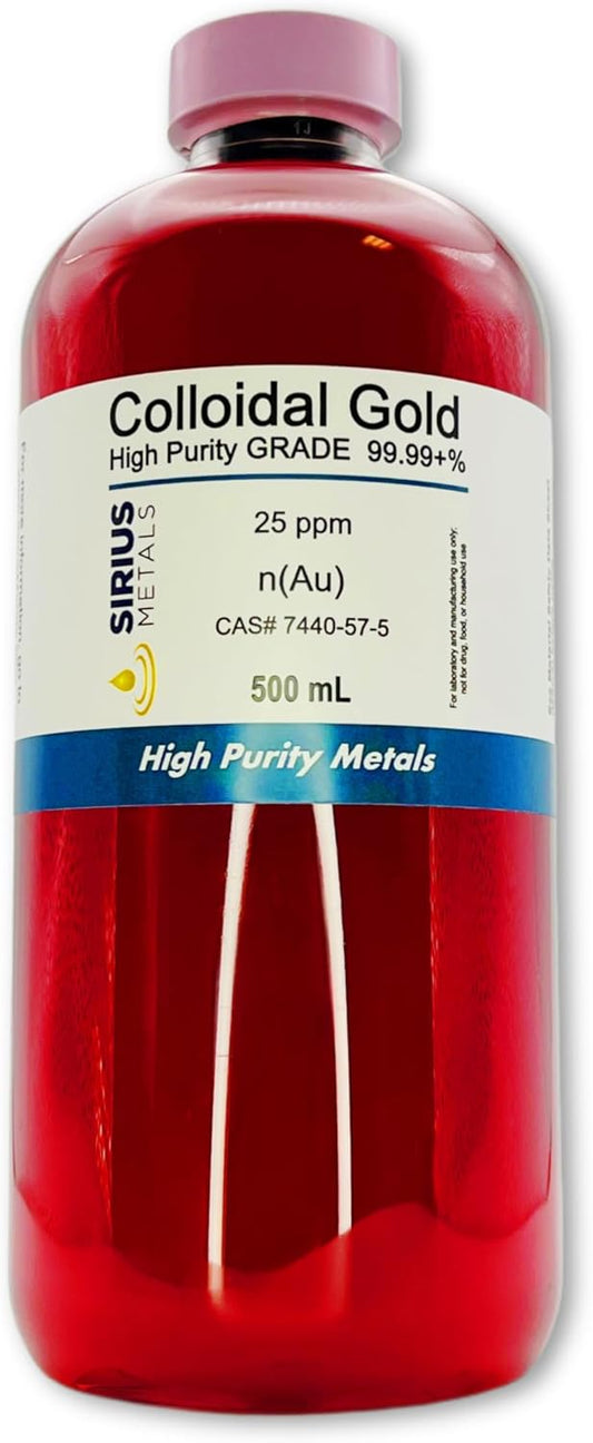 High Purity 25 ppm Colloidal Gold Solution - 500 mL Bottle - Made in USA