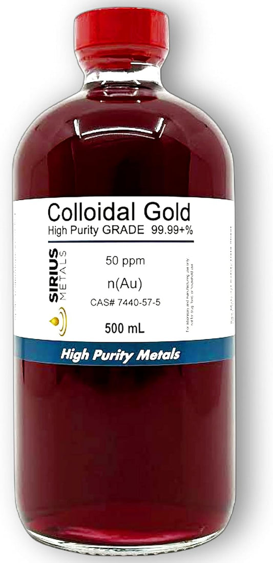 High-Purity 50 ppm Colloidal Gold in 500 mL Clear Glass Bottle from Sirius Metals - Made in USA