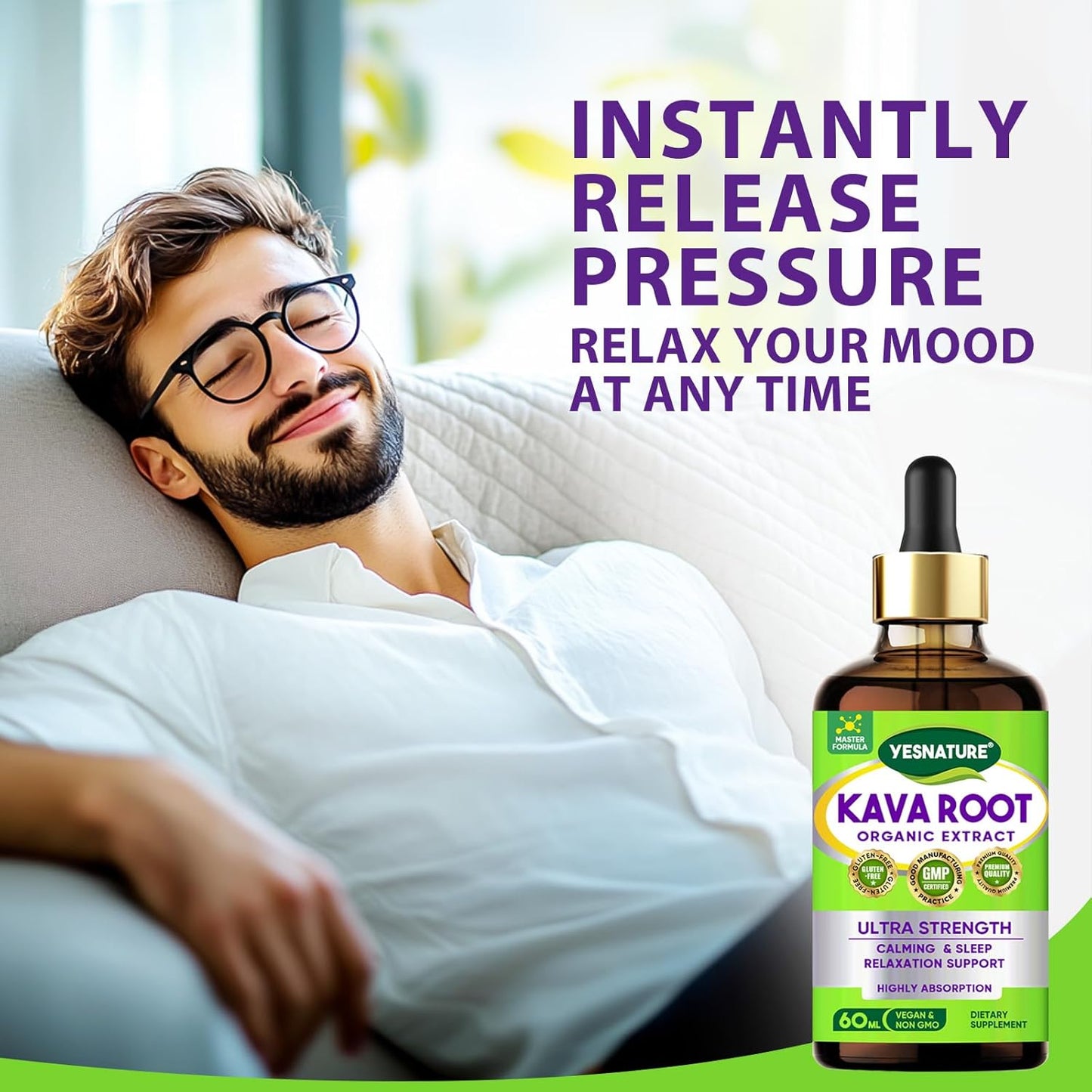 High Purity Kava Root Extract Drops for Calm and Sleep - 2FL OZ Vegan Non GMO